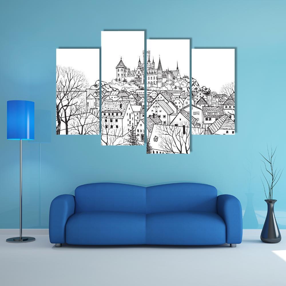 Castle &amp; City Sketch Canvas Wall Art-4 Pop-Gallery Wrap-50" x 32"-Tiaracle