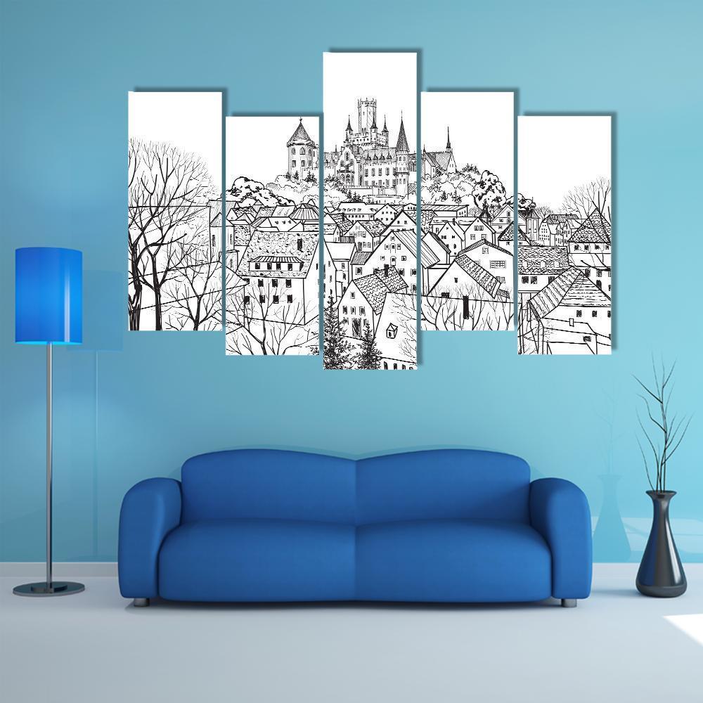 Castle &amp; City Sketch Canvas Wall Art-5 Pop-Gallery Wrap-47" x 32"-Tiaracle