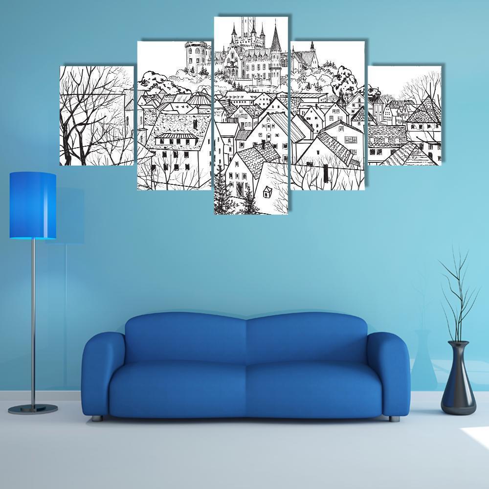 Castle &amp; City Sketch Canvas Wall Art-5 Star-Gallery Wrap-62" x 32"-Tiaracle
