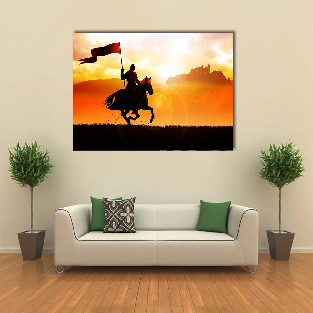 Medieval Knight On Horse Carrying A Flag Canvas Wall Art-1 Piece-Gallery Wrap-36" x 24"-Tiaracle