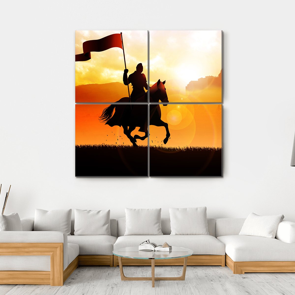 Medieval Knight On Horse Carrying A Flag Canvas Wall Art-4 Square-Gallery Wrap-17" x 17"-Tiaracle