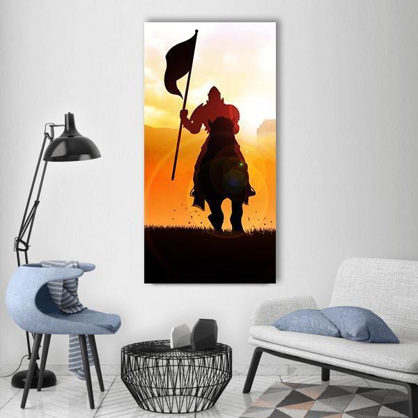 Medieval Knight on Horseback Vertical Canvas Wall Art in black, orange and yellow, single vertical panel hung on a wall