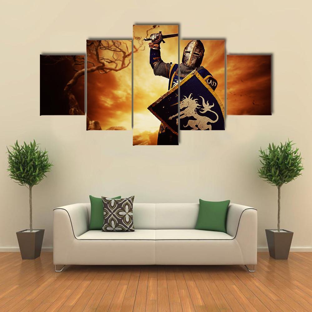 Medieval Knight Canvas Wall Art-5 Star-Gallery Wrap-62" x 32"-Tiaracle