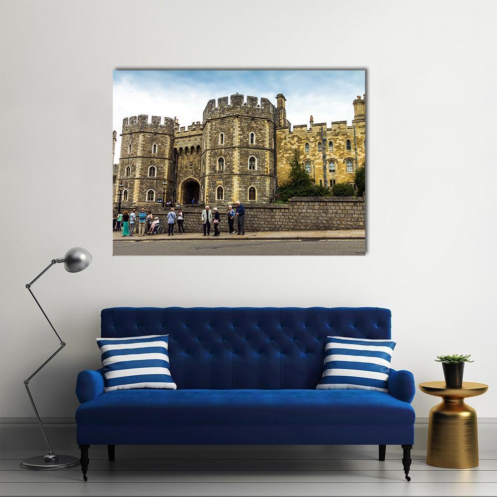 Medieval Windsor Castle Canvas Wall Art in gray, brown and blue, single panel hung on a wall
