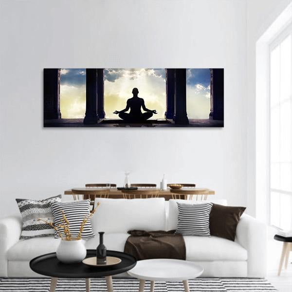 Meditating In Old Temple Panoramic Canvas Wall Art-3 Piece-25" x 08"-Tiaracle