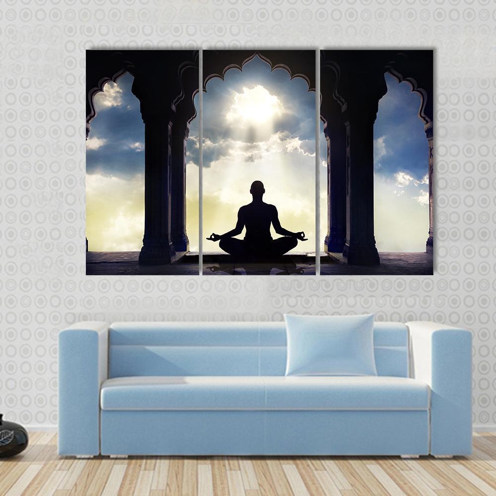 Meditating In Old Temple Canvas Wall Art-3 Horizontal-Gallery Wrap-37" x 24"-Tiaracle