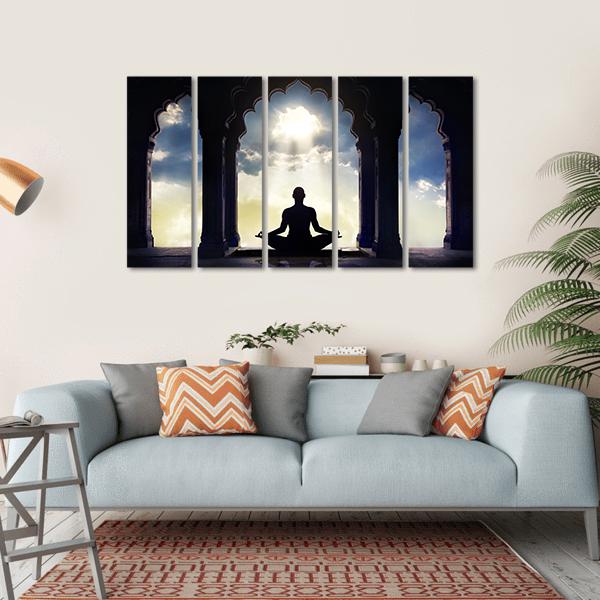 Meditating In Old Temple Canvas Wall Art-5 Horizontal-Gallery Wrap-22" x 12"-Tiaracle