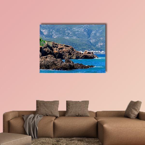Mediterranean Coast of Tipasa Canvas Wall Art in brown, green and blue, single panel hung on a wall