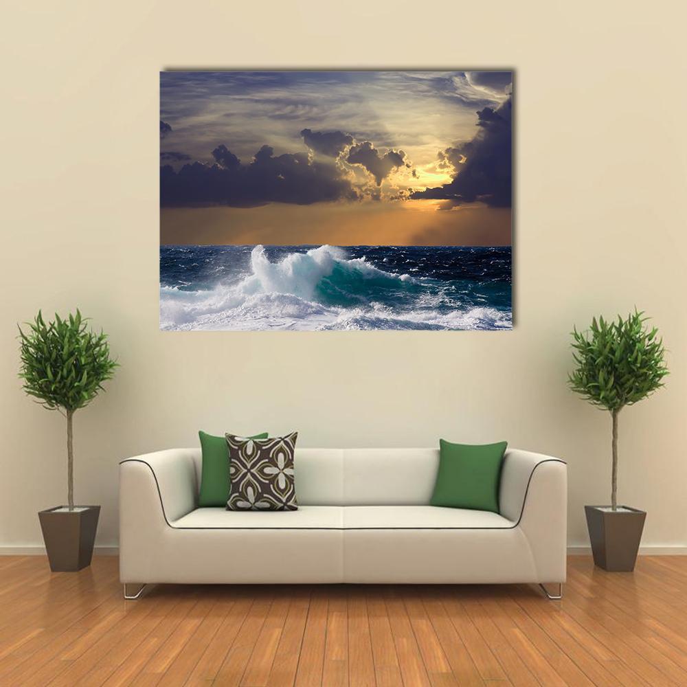 Mediterranean Wave During Storm Canvas Wall Art in gray, yellow and blue, single panel hung on a wall