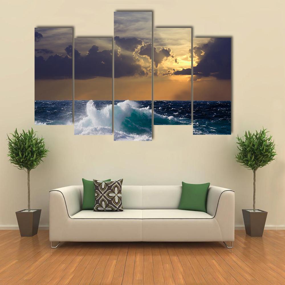 Mediterranean Wave During Storm Canvas Wall Art-5 Pop-Gallery Wrap-47" x 32"-Tiaracle