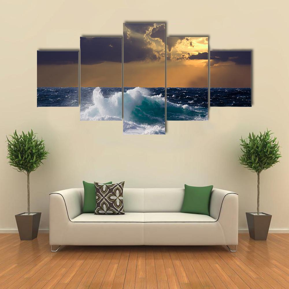 Mediterranean Wave During Storm Canvas Wall Art-5 Star-Gallery Wrap-62" x 32"-Tiaracle