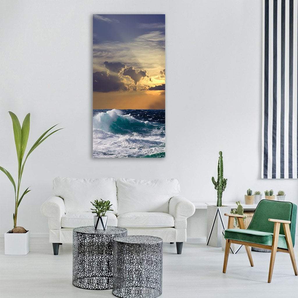 Mediterranean Storm Wave Vertical Canvas Wall Art in gray, yellow and blue, single vertical panel hung on a wall