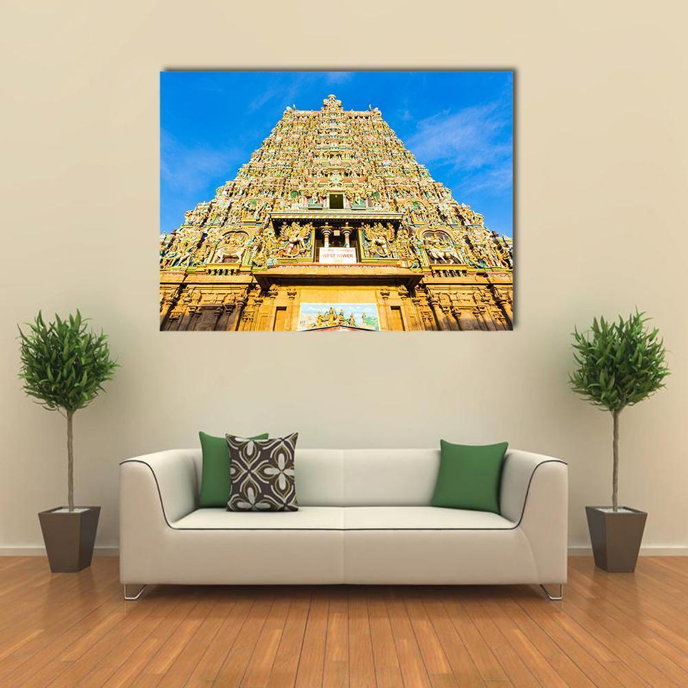 Meenakshi Amman Temple in India Canvas Wall Art in gold, yellow and blue, single panel hung on a wall
