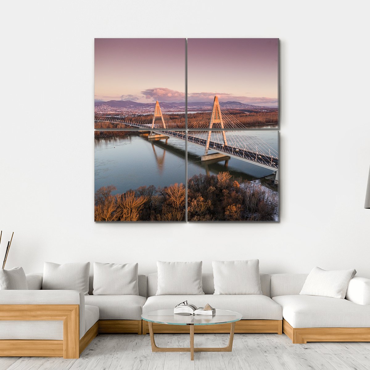 Megyeri Bridge Over Danube River Canvas Wall Art-4 Square-Gallery Wrap-17" x 17"-Tiaracle