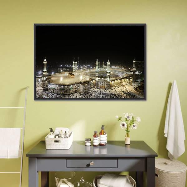 Mekkah Night Aerial View of Kaaba Canvas Wall Art in black, white and gold, framed canvas, product view on a white background