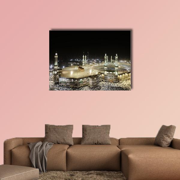 Mekkah Night Aerial View of Kaaba Canvas Wall Art in black, white and gold, single panel hung on a wall