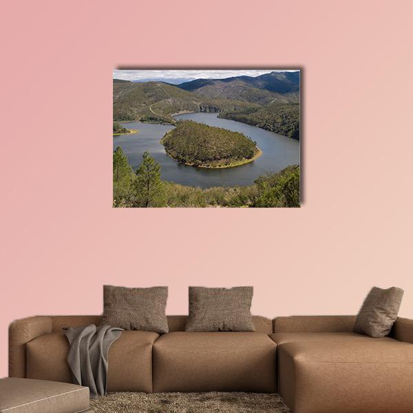 Meandro Del Melero River Bend Canvas Wall Art in gray, green and blue, single panel hung on a wall