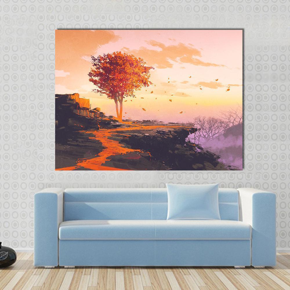 Melting Autumn Tree Canvas Wall Art in orange, yellow and pink, single panel hung on a wall