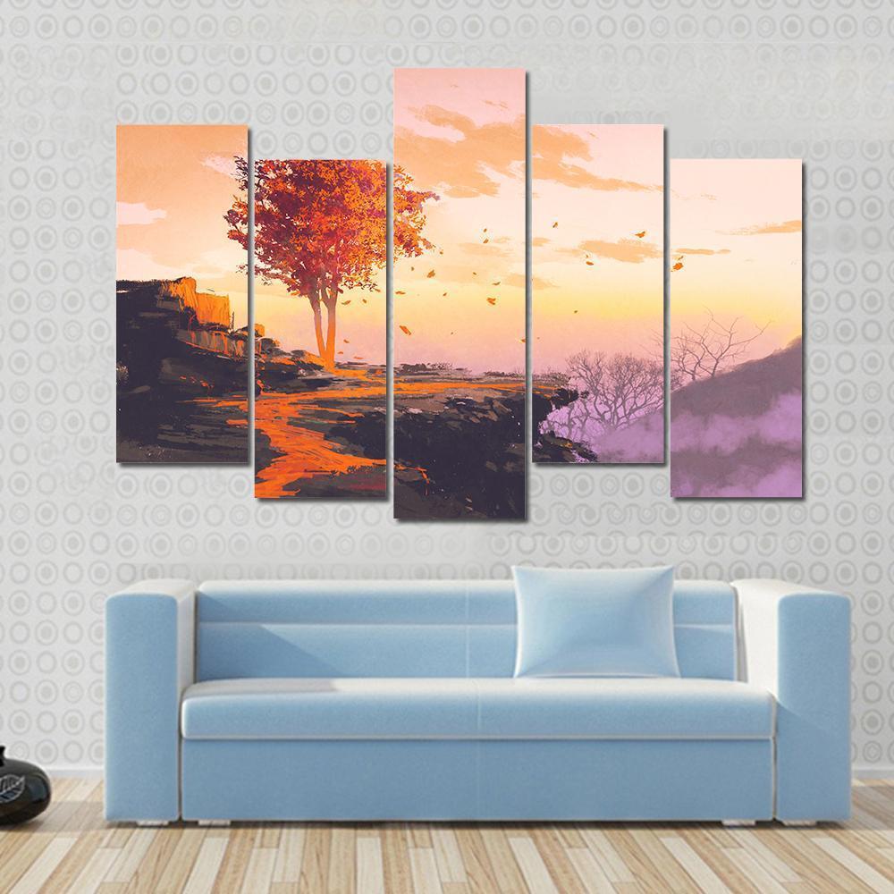 Melting Autumn Tree Canvas Wall Art-5 Pop-Gallery Wrap-47&quot; x 32&quot;-Tiaracle