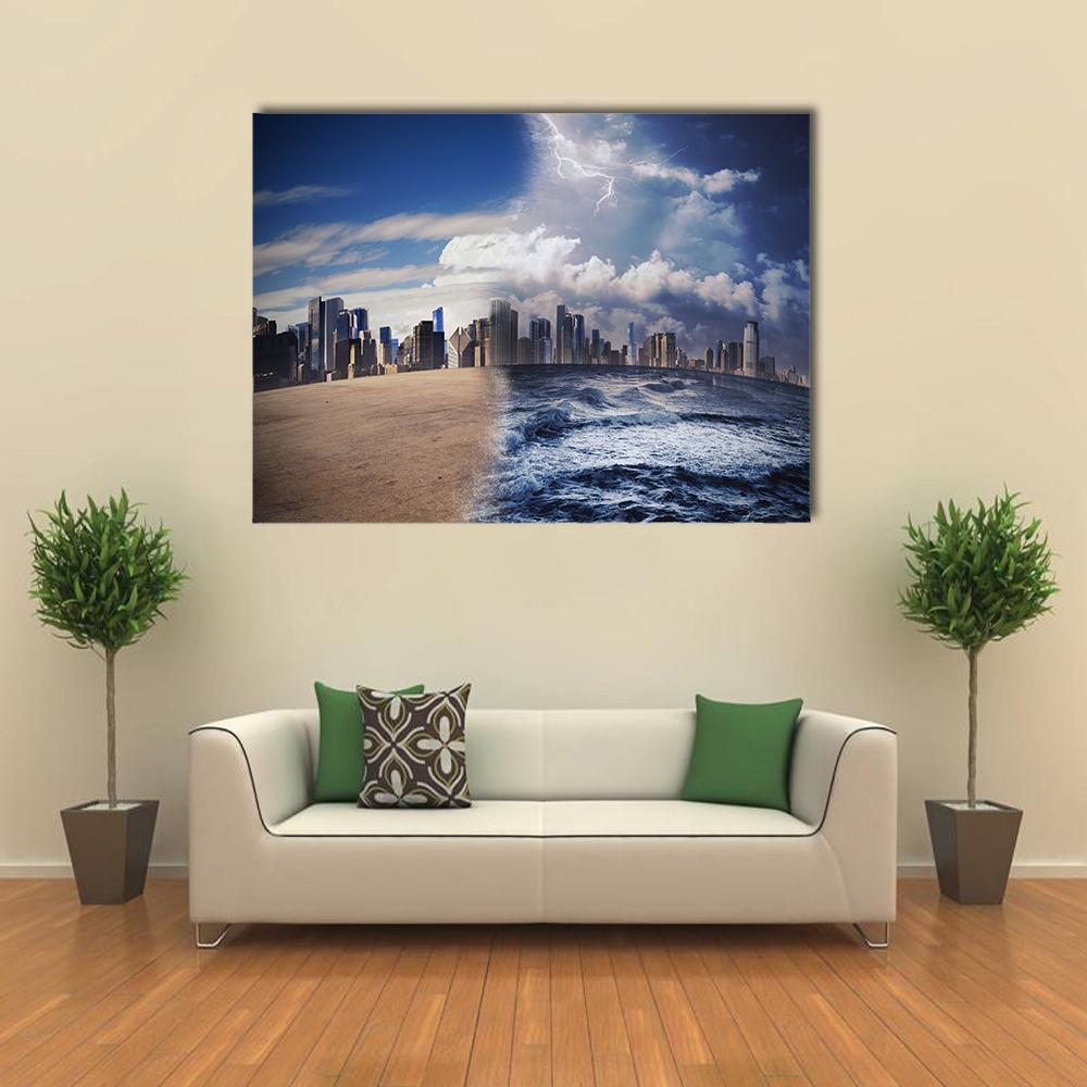 Melting Glaciers and Stormy Cityscape Canvas Wall Art in gray, beige and blue, single panel hung on a wall