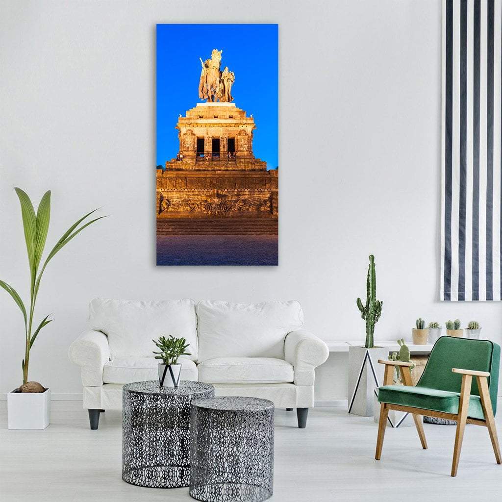 Deutsches Eck Memorial of German Unity Vertical Canvas Wall Art in brown, gold and blue, single vertical panel hung on a wall