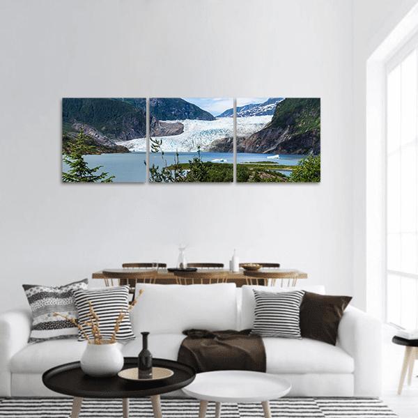 Mendenhall Glacier and Lake Panoramic Canvas Wall Art in white, green and blue, hung on a wall