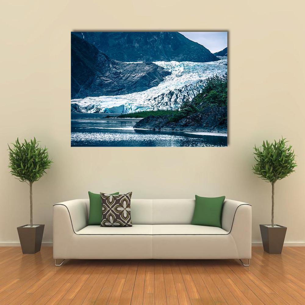Mendenhall Glacier, Alaska Canvas Wall Art in white, gray and blue, single panel hung on a wall