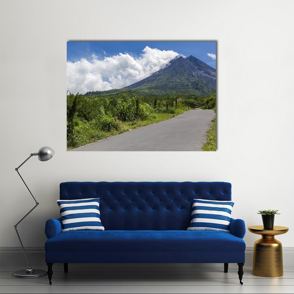 Merapi Mountain, Indonesia Canvas Wall Art in gray, green and blue, single panel hung on a wall