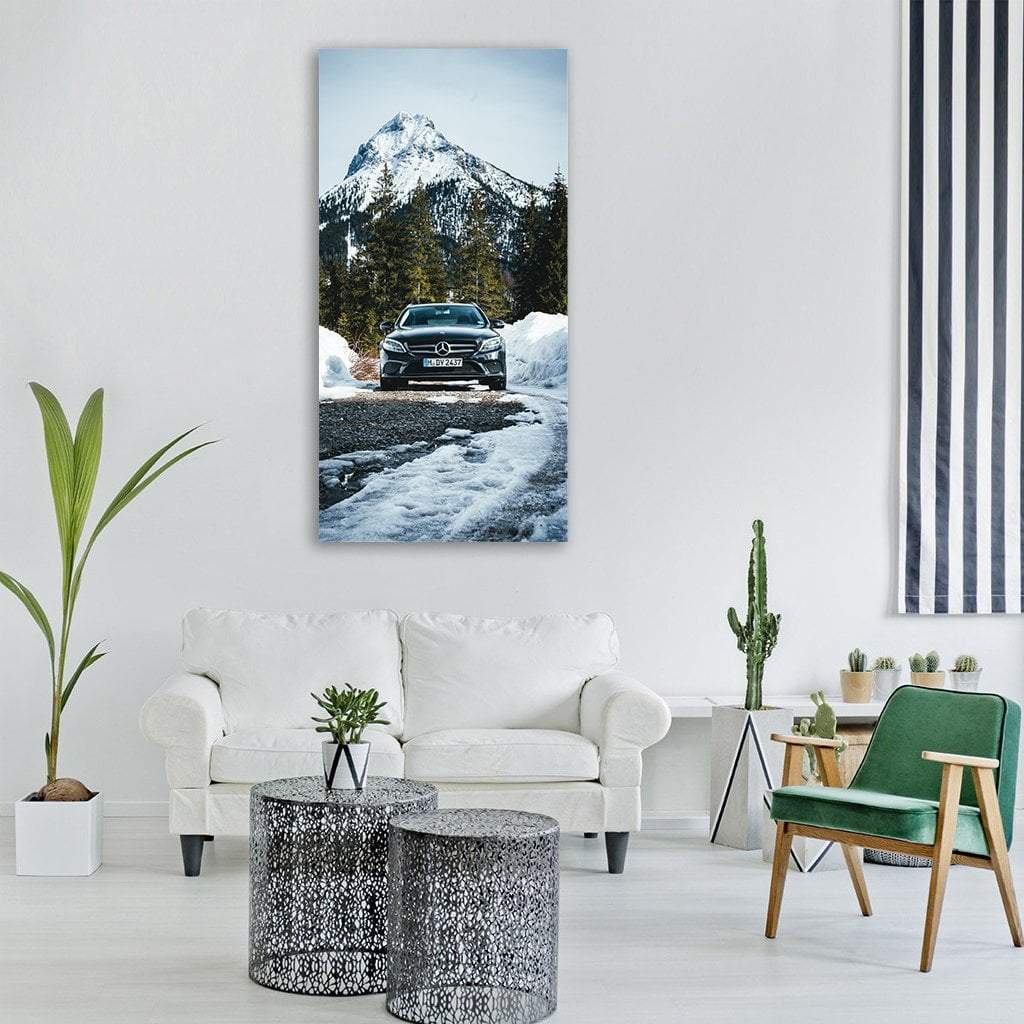 Mercedes-benz by Snow-capped Mountain Vertical Canvas Wall Art in black, white and blue, single vertical panel hung on a wall