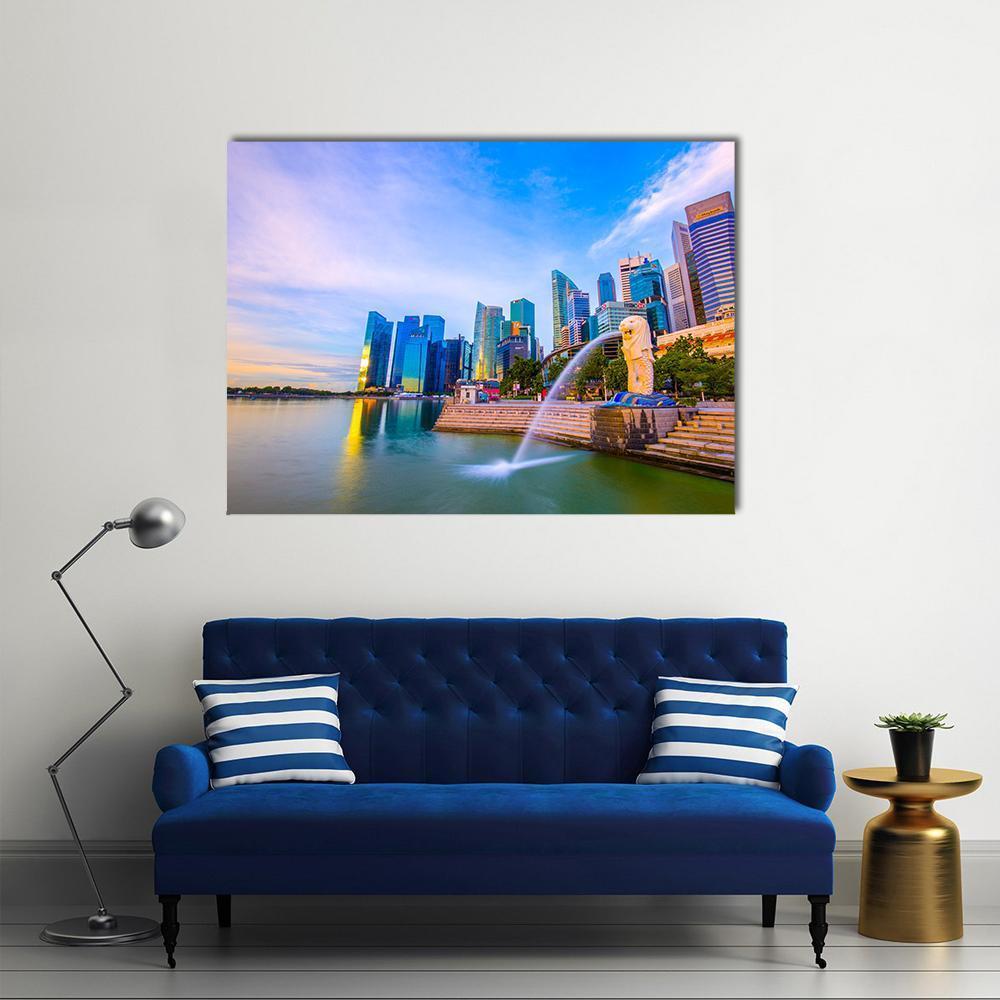 Merlion Park Singapore Skyline Canvas Wall Art in white, yellow and blue, single panel hung on a wall