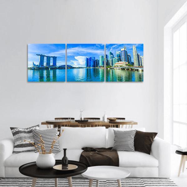 Marina Bay Sands and Singapore Skyline Panoramic Canvas Wall Art in white and blue, hung on a wall