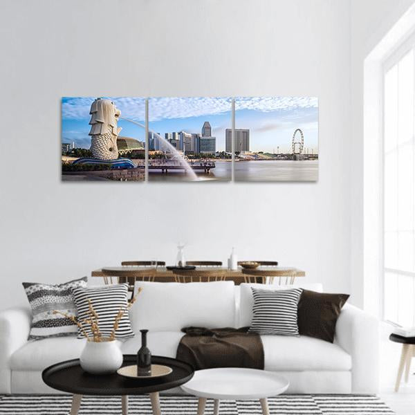 Merlion Fountain, Marina Bay Singapore Panoramic Canvas Wall Art in white, gray and blue, hung on a wall