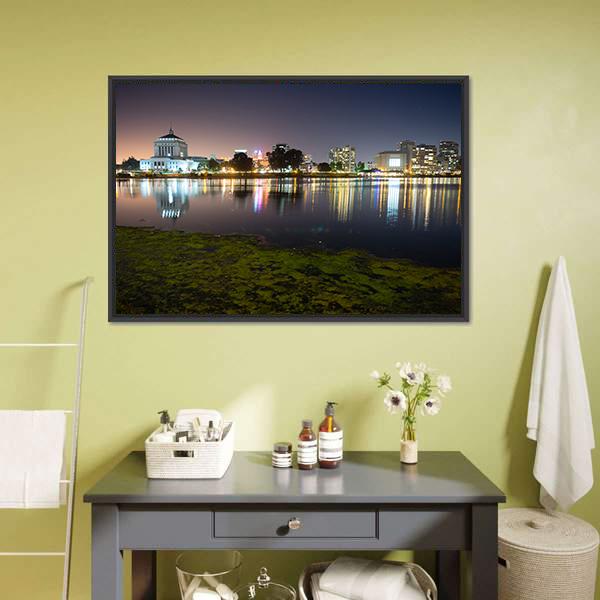 Merritt Lake Nighttime Skyline Reflection Canvas Wall Art in black, green and blue, framed canvas, product view on a white background