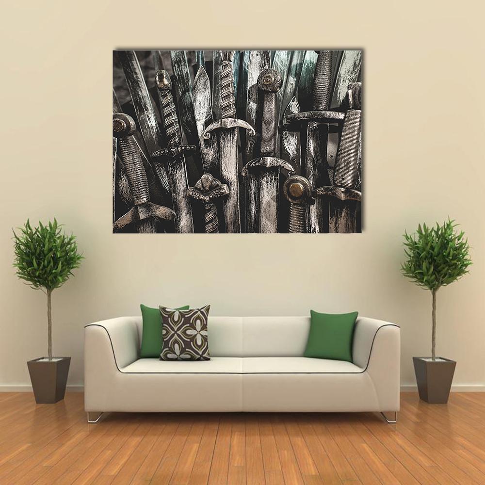 Iron Throne Swords Close-up Canvas Wall Art in black, gray and silver, single panel hung on a wall