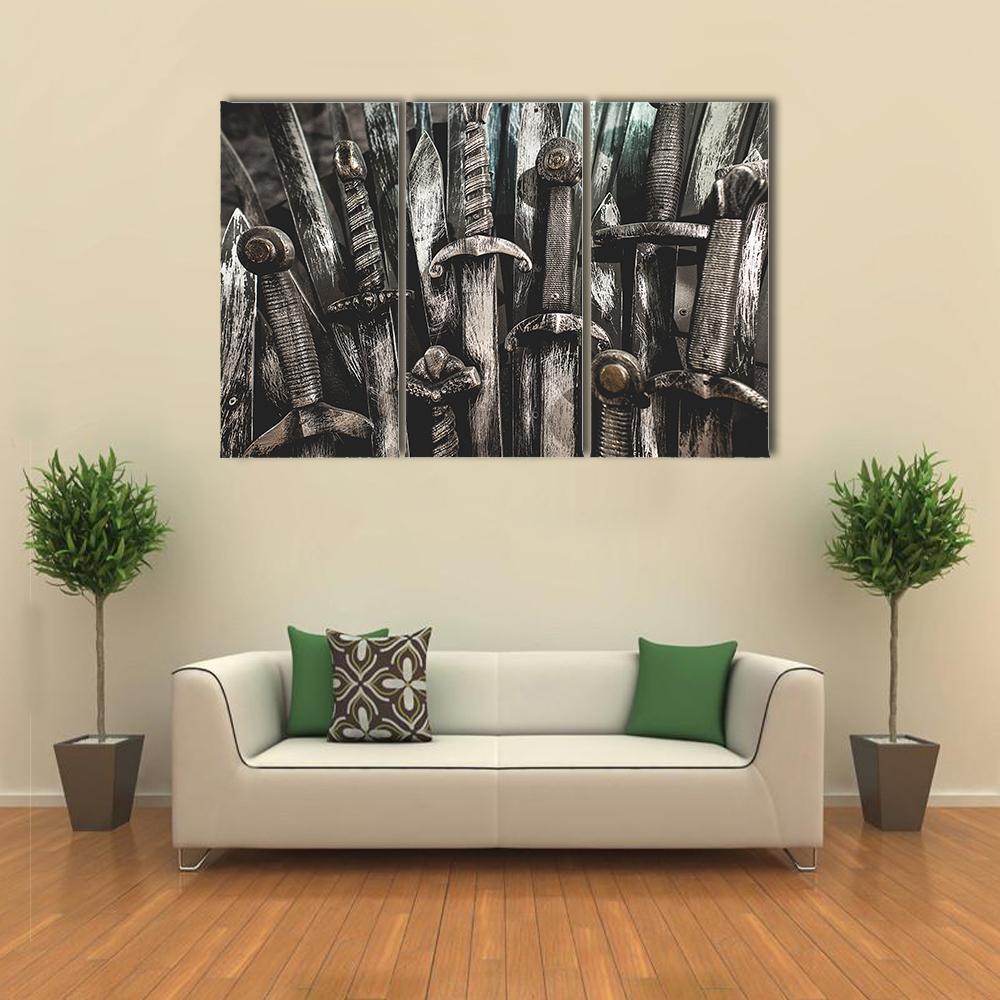 Metal Knight Swords Canvas Wall Art-3 Horizontal-Gallery Wrap-37" x 24"-Tiaracle