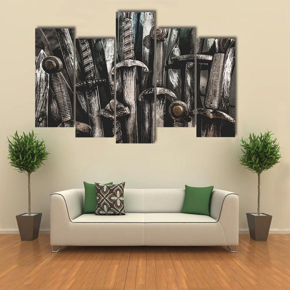 Metal Knight Swords Canvas Wall Art-5 Pop-Gallery Wrap-47" x 32"-Tiaracle