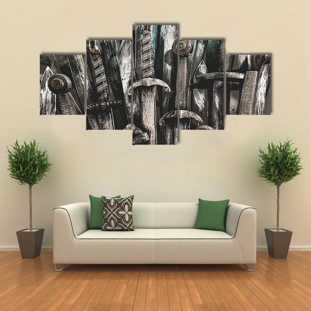 Metal Knight Swords Canvas Wall Art-5 Star-Gallery Wrap-62" x 32"-Tiaracle