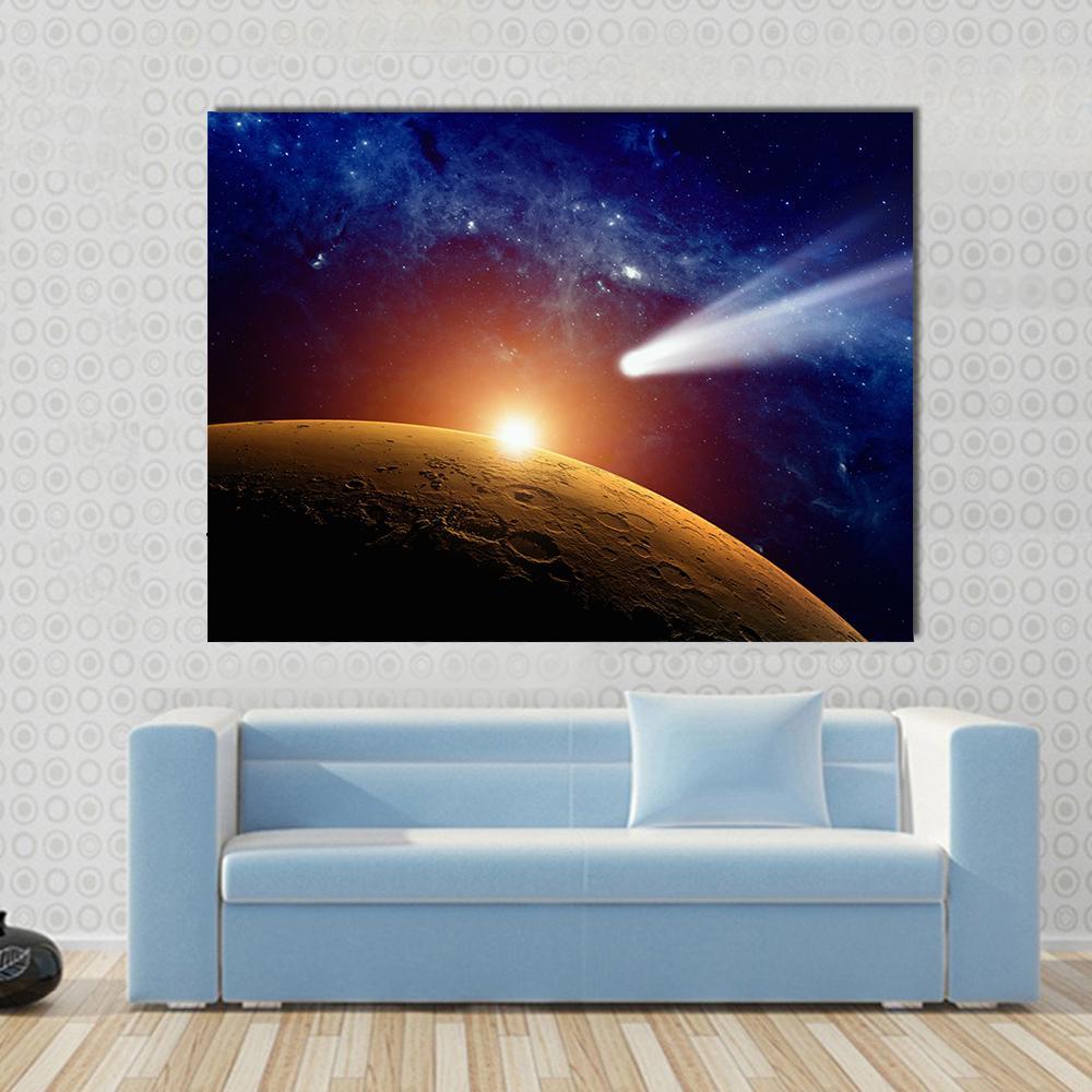 Comet Approaching Mars Canvas Wall Art in black, orange and blue, single panel hung on a wall