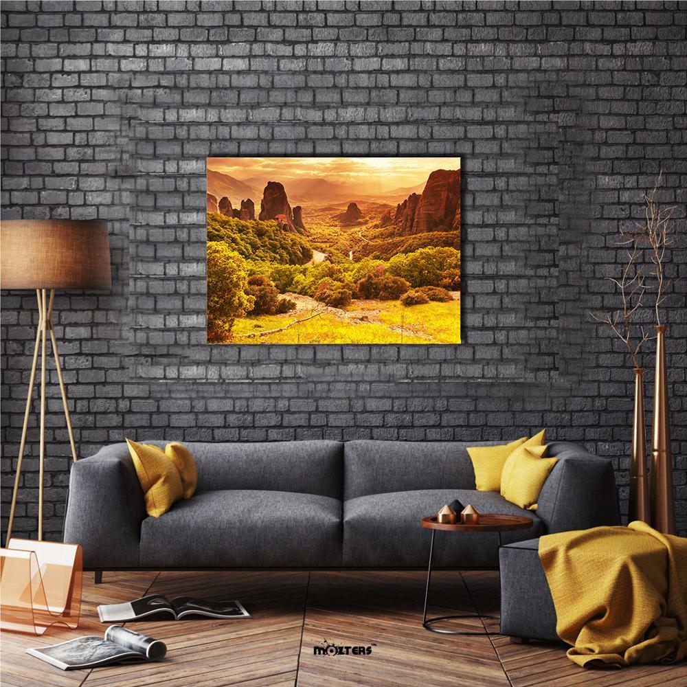Meteora Monasteries in Greece at Golden Hour Canvas Wall Art in brown, orange and yellow, single panel hung on a wall