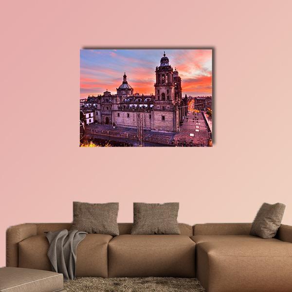Metropolitan Cathedral at Dusk, Mexico Canvas Wall Art in brown, orange and blue, single panel hung on a wall