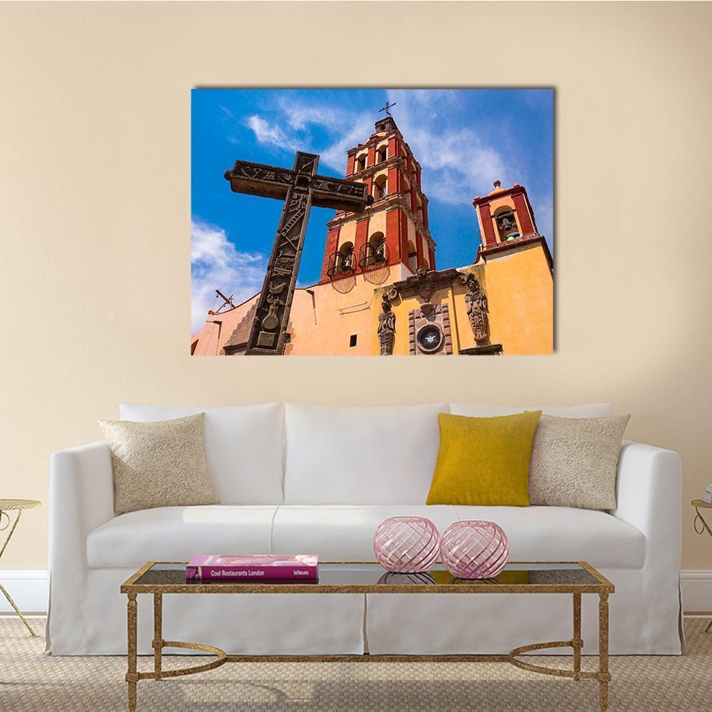 Colonial Church with Bell Tower Canvas Wall Art in orange, yellow and blue, single panel hung on a wall