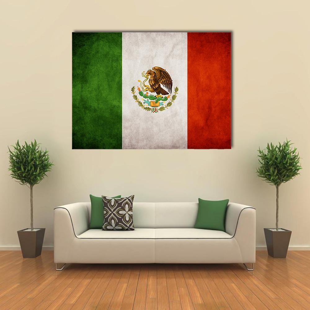 Mexican Flag with Eagle and Snake Canvas Wall Art in white, red and green, single panel hung on a wall