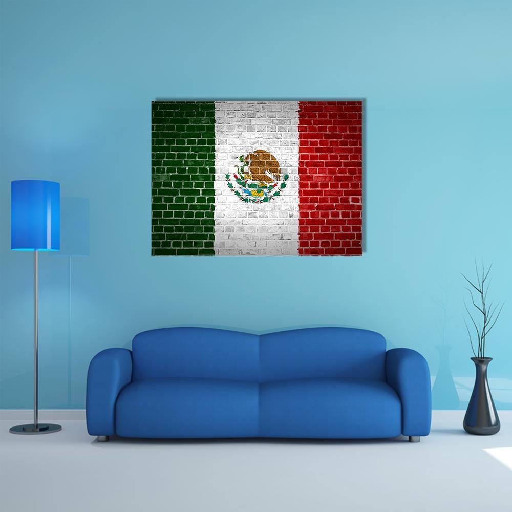 Mexican Flag on Brick Canvas Wall Art in white, red and green, single panel hung on a wall