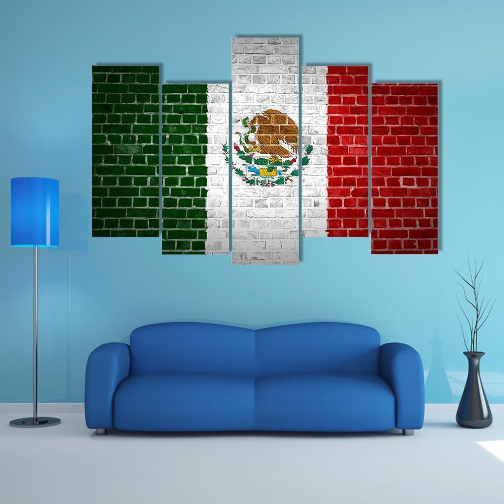 Mexico Flag On Brick Wall Canvas Wall Art-5 Pop-Gallery Wrap-47" x 32"-Tiaracle