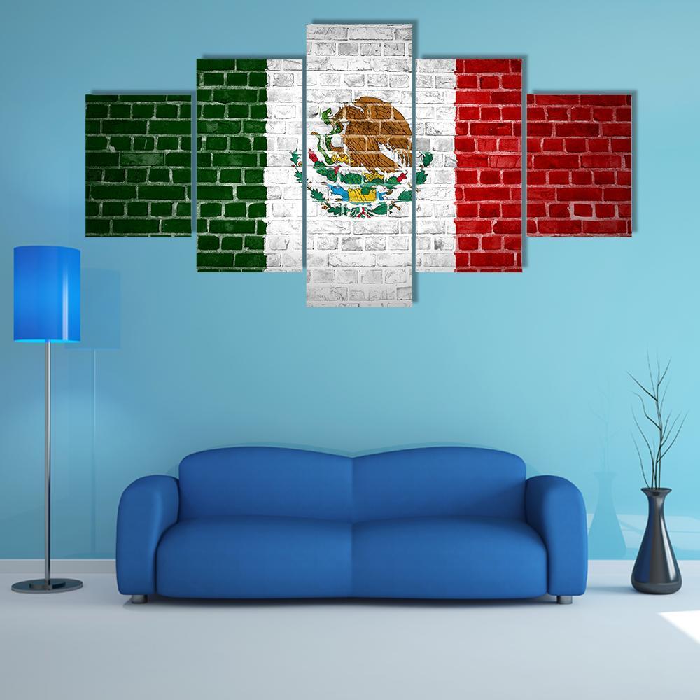 Mexico Flag On Brick Wall Canvas Wall Art-5 Star-Gallery Wrap-62" x 32"-Tiaracle