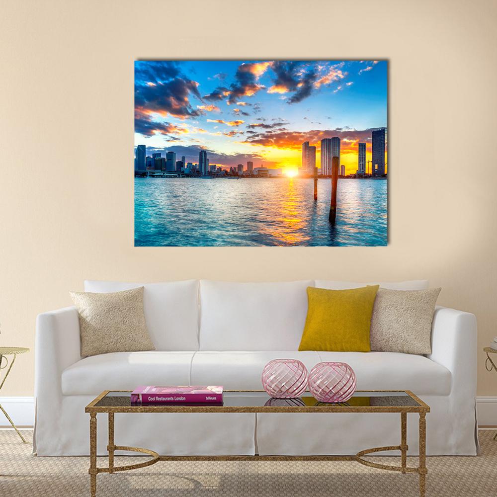 Miami City Skyline Canvas Wall Art-1 Piece-Gallery Wrap-36" x 24"-Tiaracle