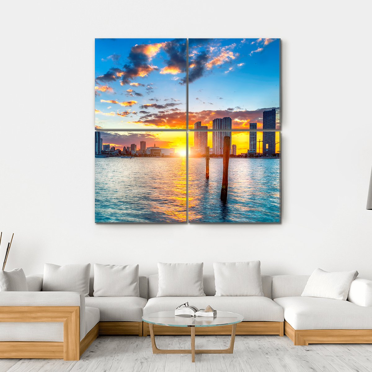 Miami City Skyline Canvas Wall Art-4 Square-Gallery Wrap-17" x 17"-Tiaracle