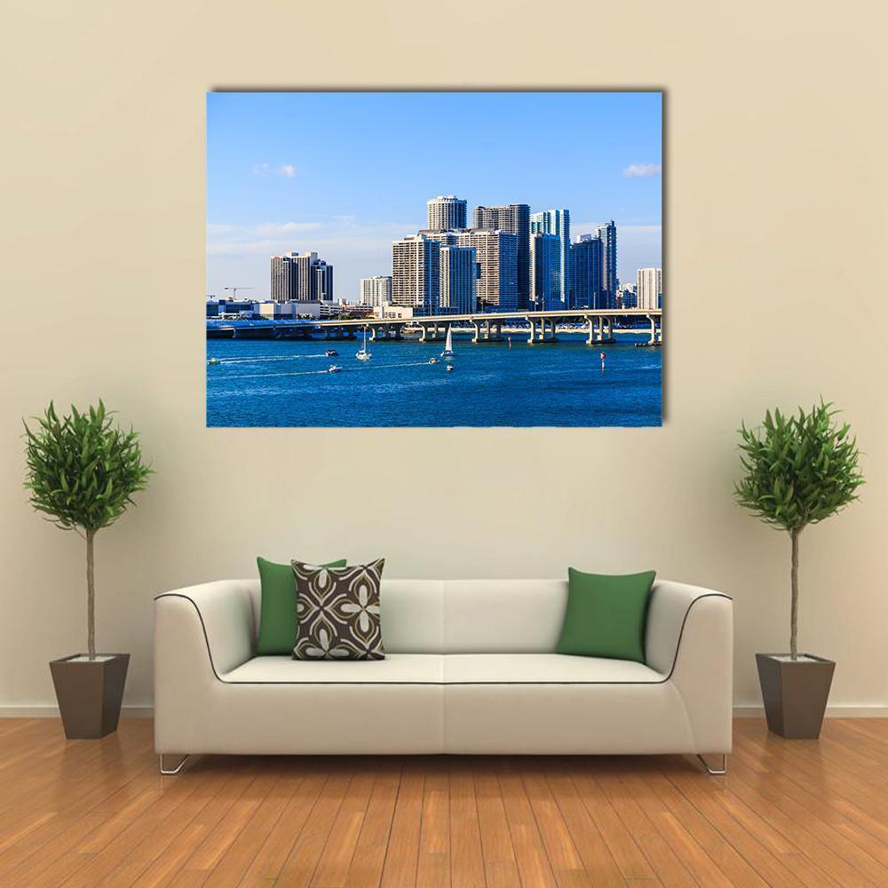 Miami Skyline Causeway Canvas Wall Art-1 Piece-Gallery Wrap-48" x 32"-Tiaracle