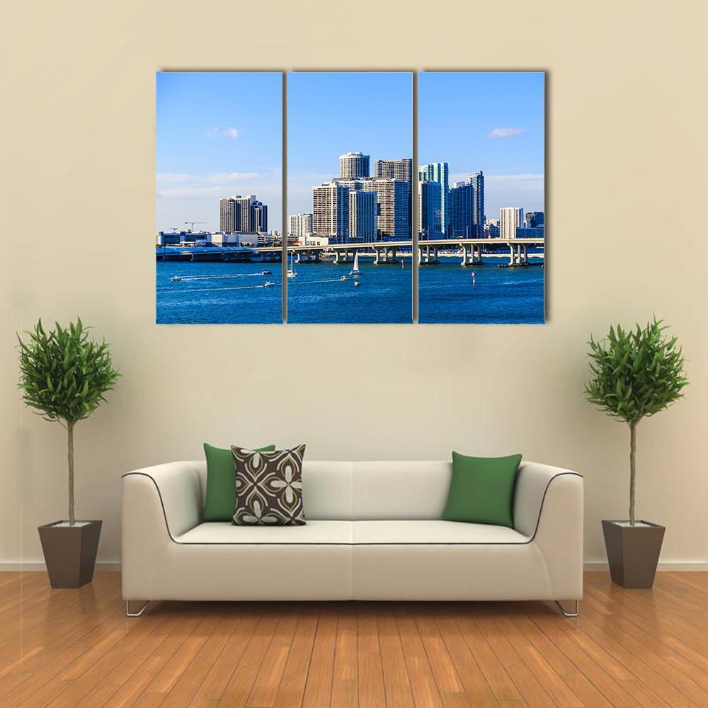 Miami Skyline Causeway Canvas Wall Art-3 Horizontal-Gallery Wrap-37" x 24"-Tiaracle