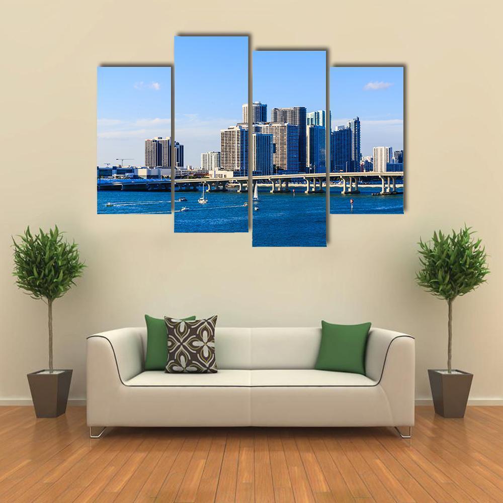 Miami Skyline Causeway Canvas Wall Art-4 Pop-Gallery Wrap-50" x 32"-Tiaracle